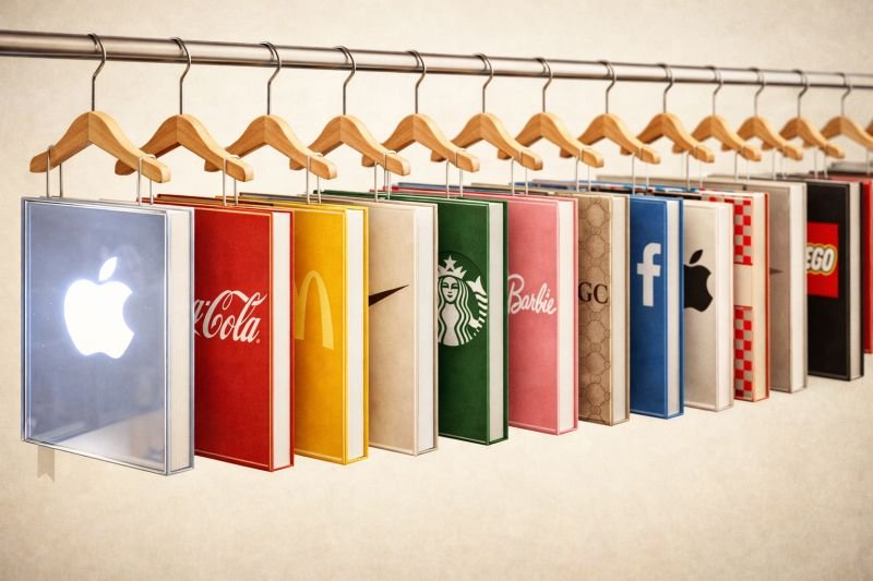 A row of hanging books styled like clothing on hangers, each cover branded like a different global brand.