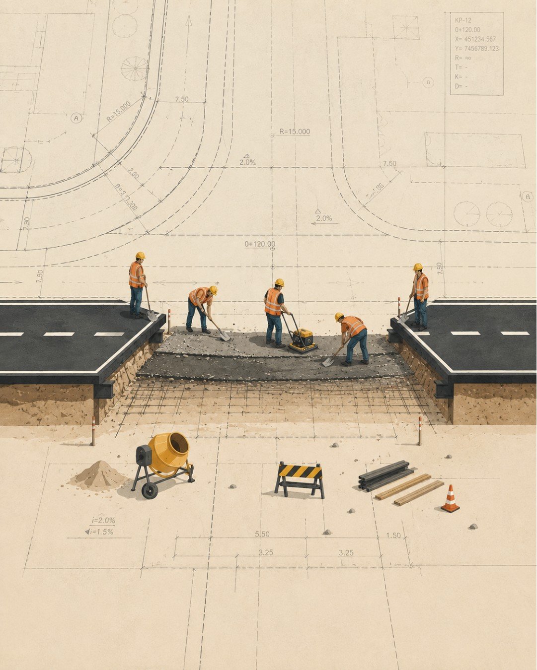 An illustration of a road split by an unfinished gap, with workers paving the missing section over a blueprint of the road plan.