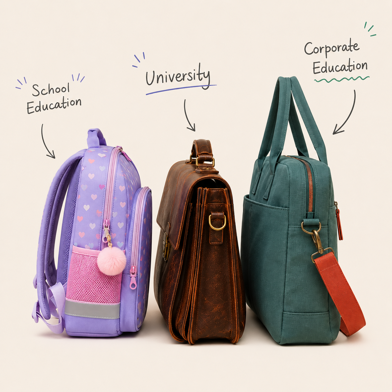 Three bags labeled School Education, University, and Corporate Education, illustrating how each stage of education carries a different bag.